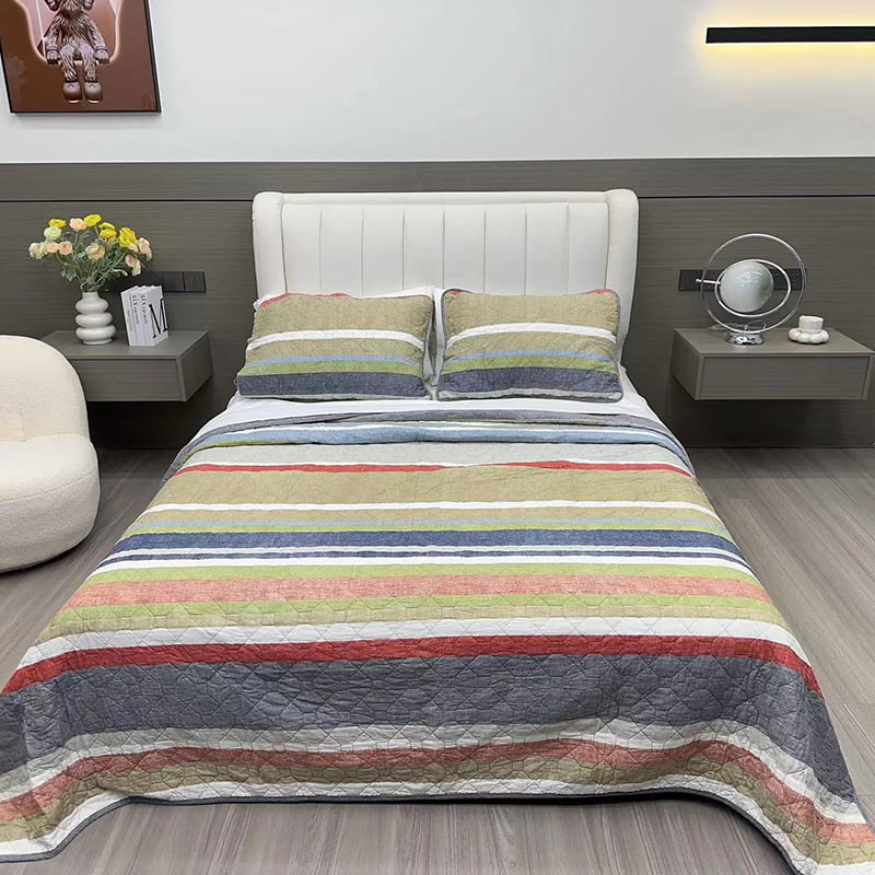 Cotton Patchwork Striped Printed Quilt Set