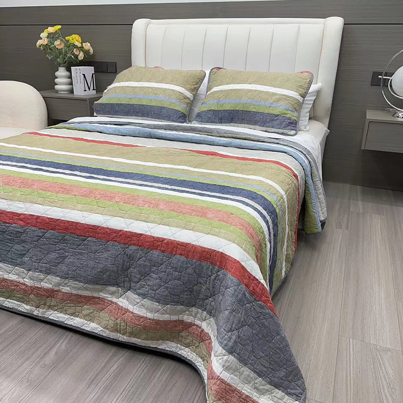 Cotton Patchwork Striped Printed Quilt Set