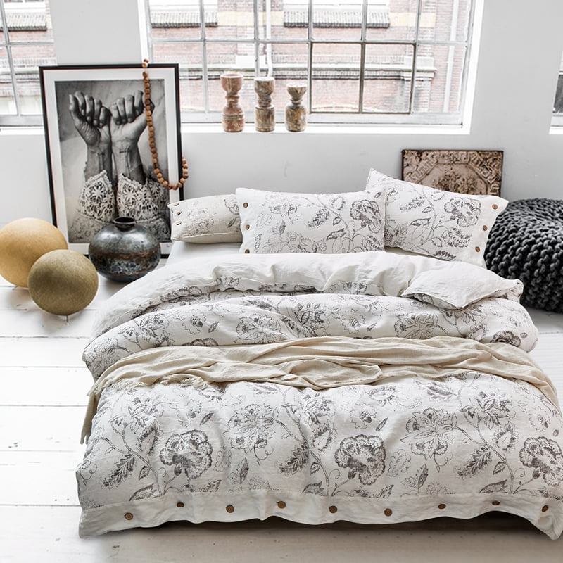 Button Style Floral Printed Linen Duvet Cover Set